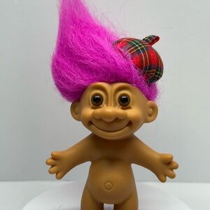 Troll Doll Neon Pink Hair Scottish Red Plaid Hat Vintage Collectible 5" RUSS